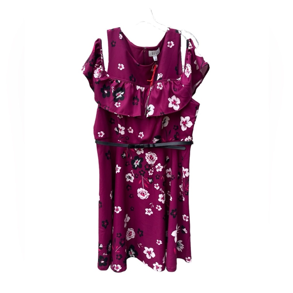 Elle Wine With Black White Floral Pattern New with Belt Cold Shoulder